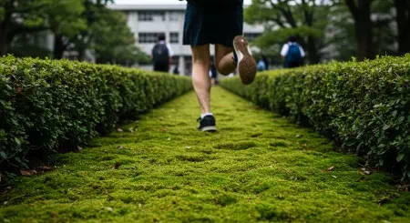 通学時間 短縮のため植え込みを進む学生の足元と苔の様子