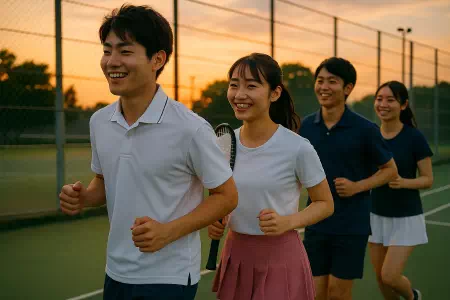 練習終盤に走るテニス部員の列