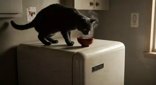 冷蔵庫の上で味噌汁を飲む猫