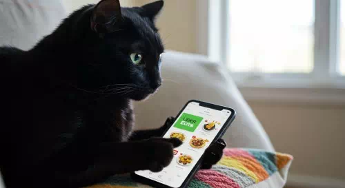 スマホでウーバーイーツを頼む猫